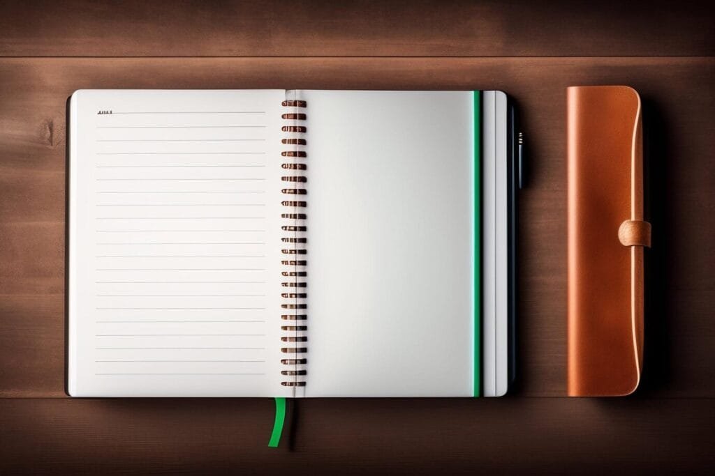 inside spiral Binding notebook with green border sits wooden table 1340 27591