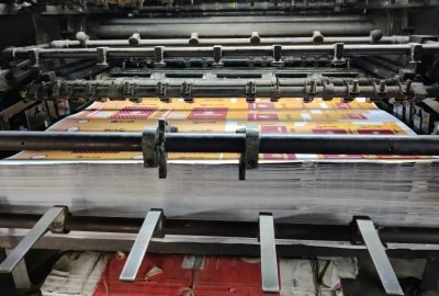 pexels-photo-9550363-9550363 Close-up of an industrial printing machine processing paper sheets in a factory setting.